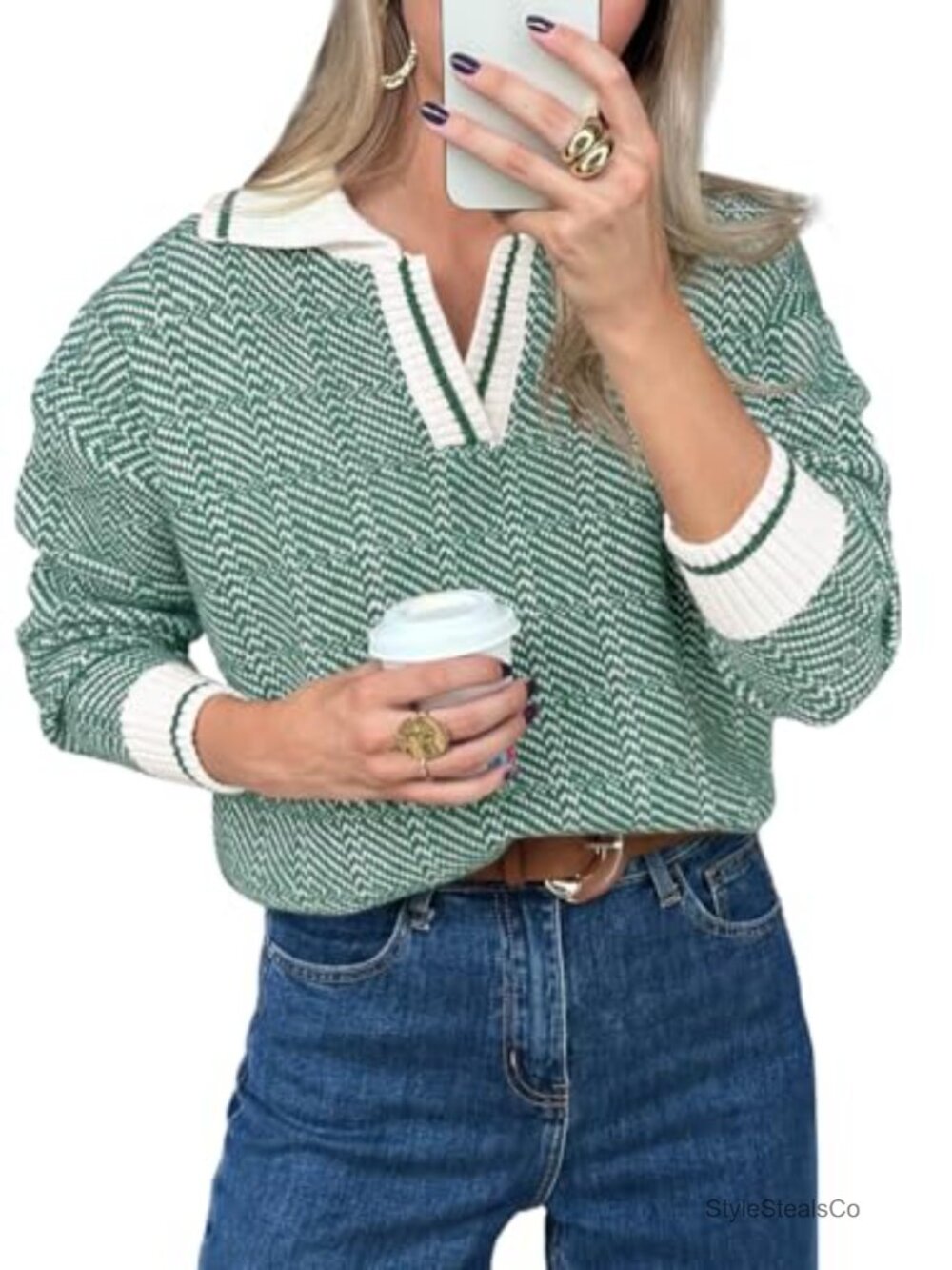Chunky Knit V-Neck Pullover Sweater Long Sleeve Fold-Over Collar Loose Fit